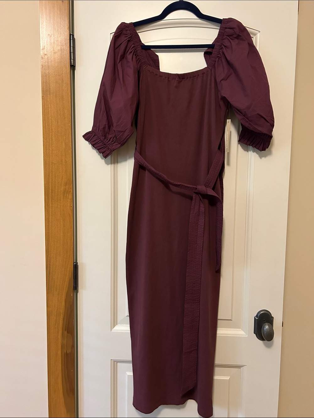 Cleobella MIA Plum Puff-Sleeve Midi Dress with Tie Waist 2 Fabrics THE COLOR